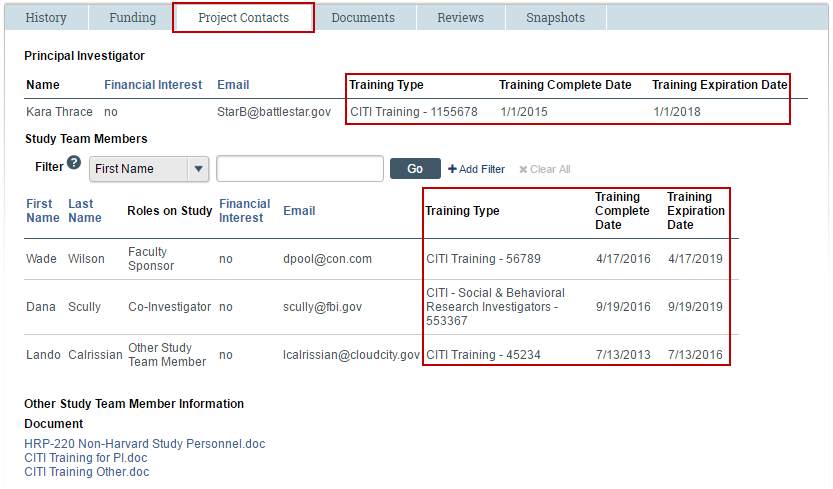 Project contacts tab view