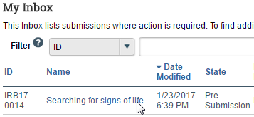 Image of the inbox with the name of submission highlighted