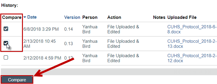View of document compare function pop up