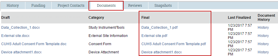 Image displaying the documents tab for final approved documents