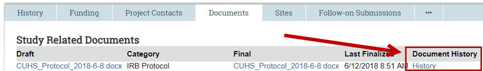 View of document history link on documents tab