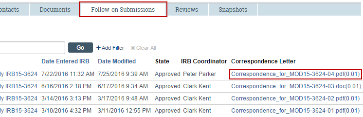 Image highlighting the follow on tab and determination letters